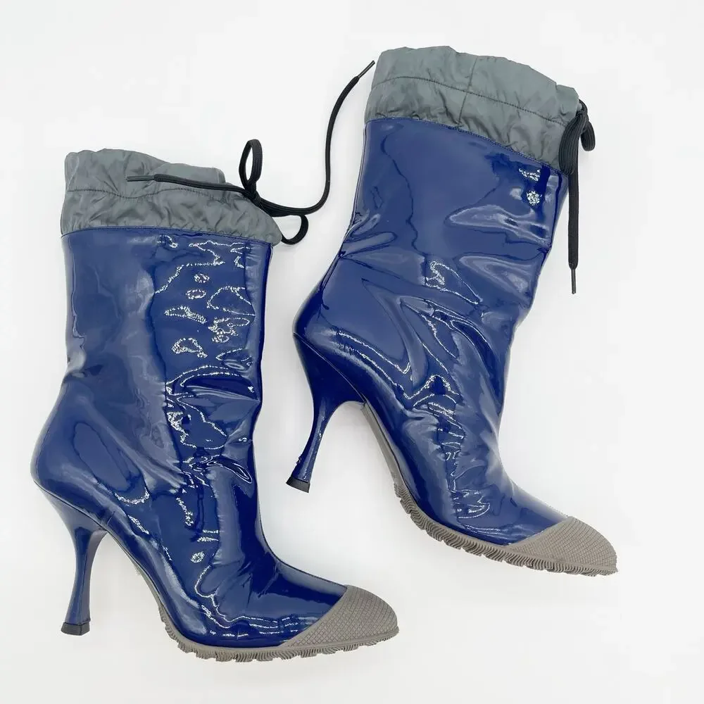 Miu Miu F/W 2014 Blue Patent Wellington Rubber Cap Toe Heeled Rain Boots IT 36.5
